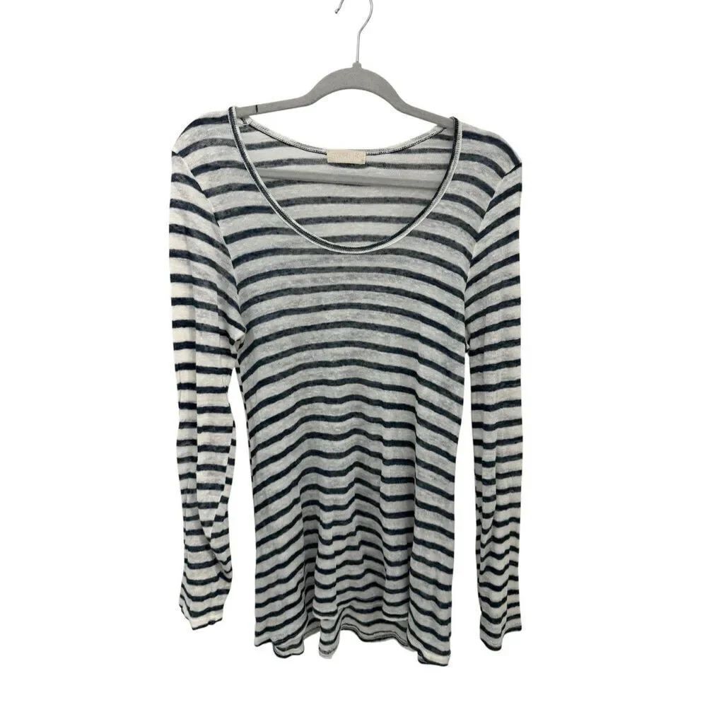 CP Shades 100% Linen Striped Shirt Size XS Navy Blue Long Sleeve Scoop Neck